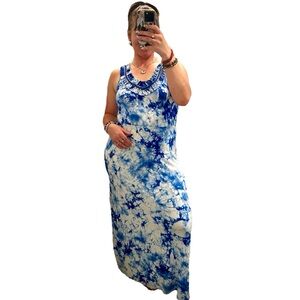 Spense Tie-Dye Sleeveless Maxi Dress - Blue and White, Size Large